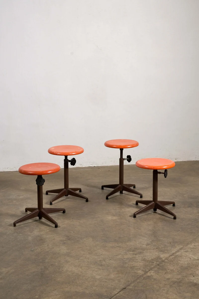 Set of Four Adjustable Industrial Stools, 1970s