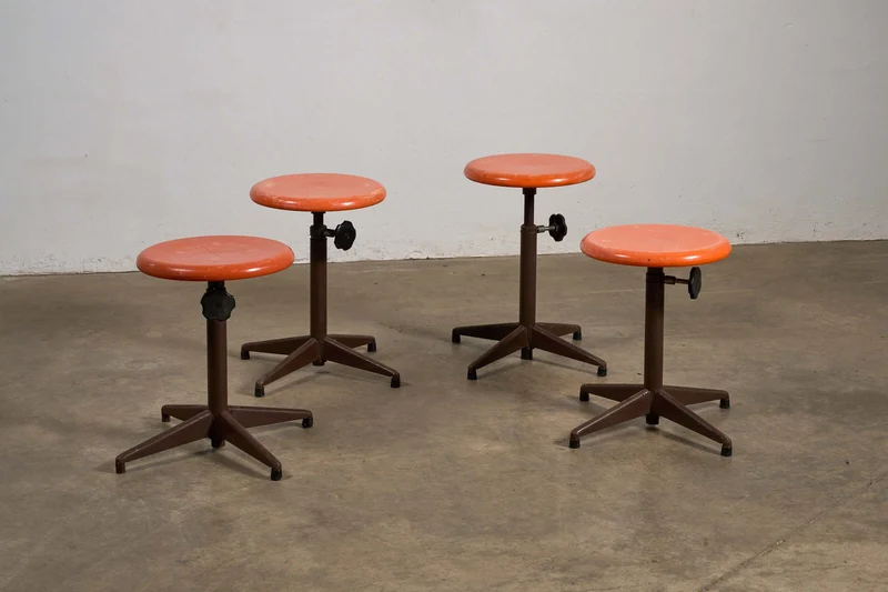 Set of Four Adjustable Industrial Stools, 1970s