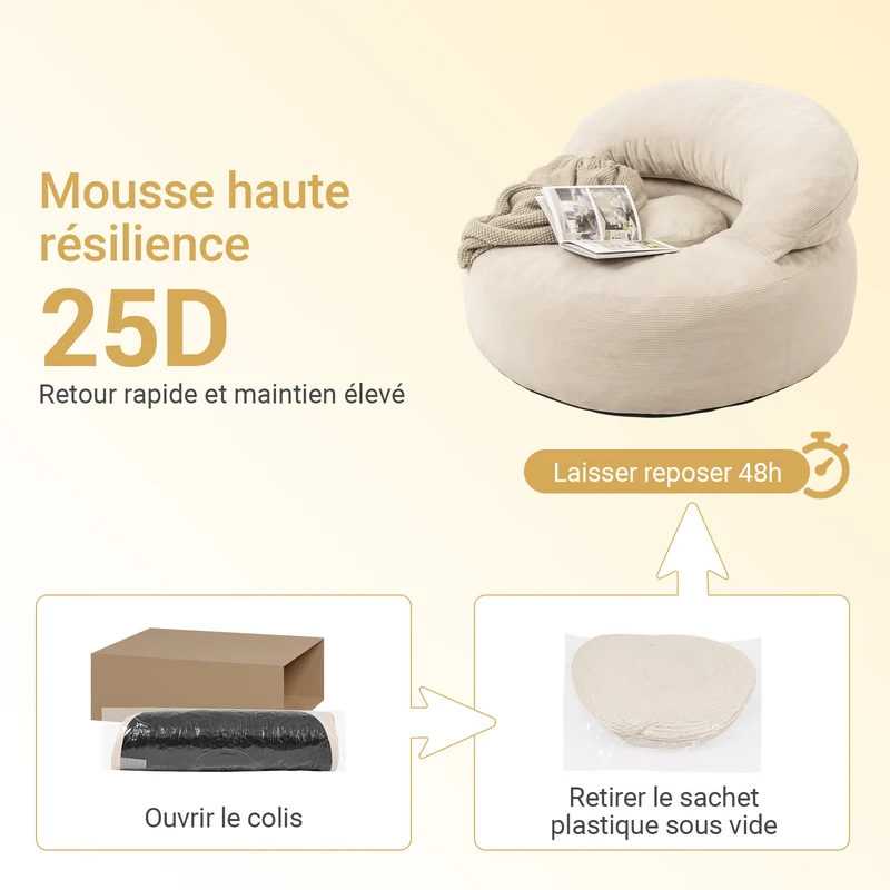 SoBuy FST100-MI Fauteuil Relax Scandinave avec Pouf et Dossier Inclinable – Velours Côtelé – 110×125×65 cm, Blanc Crème