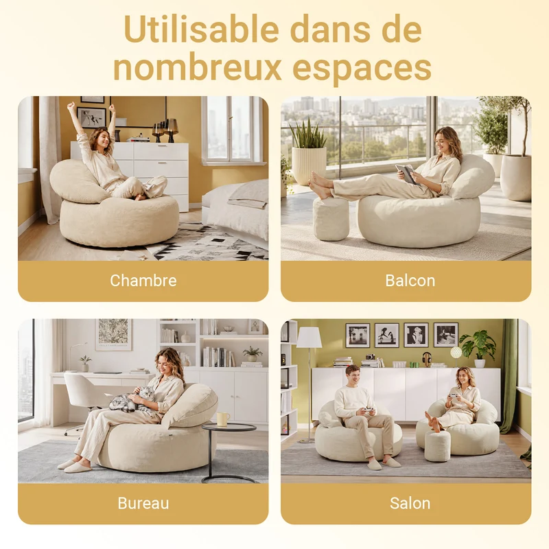 SoBuy FST100-MI Fauteuil Relax Scandinave avec Pouf et Dossier Inclinable – Velours Côtelé – 110×125×65 cm, Blanc Crème