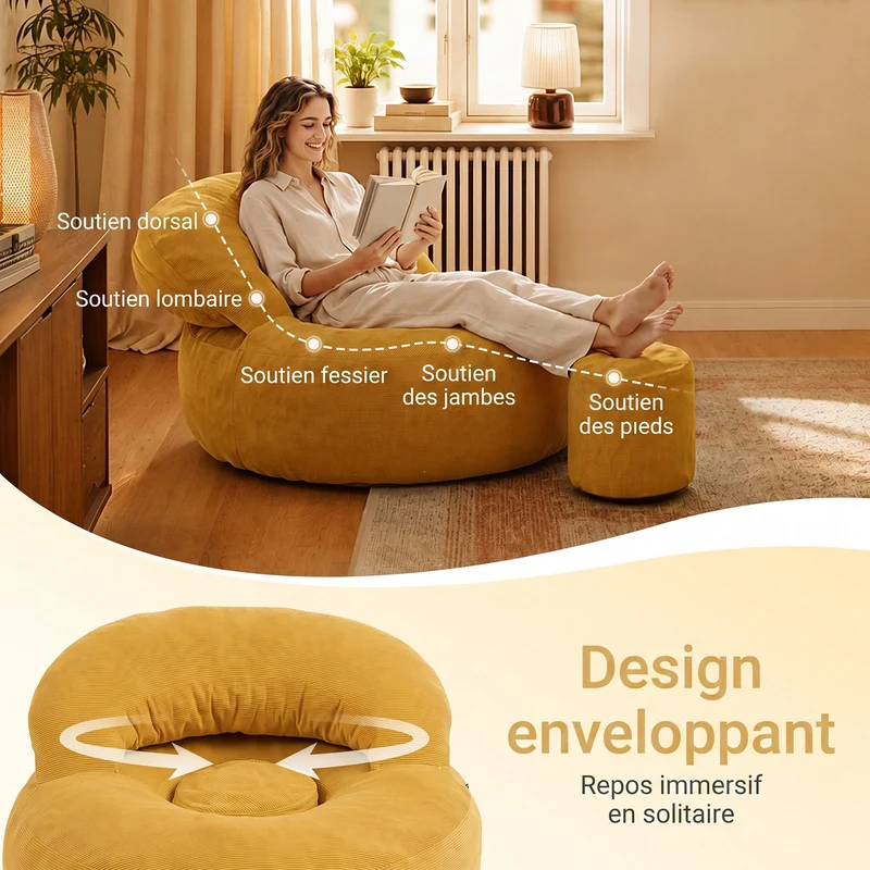 SoBuy FST100-Y Fauteuil Relax Scandinave en Velours Côtelé Jaune avec Pouf – Dossier Inclinable – 110×125×65 cm, Jaune