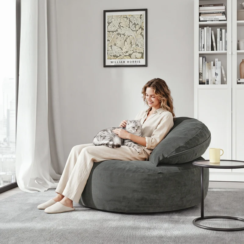 SoBuy FST100-DG Fauteuil de Salon en Velours Côtelé avec Repose-Pieds – Dossier Inclinable, Relax – 110×125×65 cm, Gris Foncé
