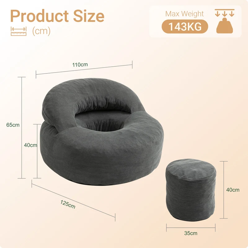 SoBuy FST100-DG Fauteuil de Salon en Velours Côtelé avec Repose-Pieds – Dossier Inclinable, Relax – 110×125×65 cm, Gris Foncé