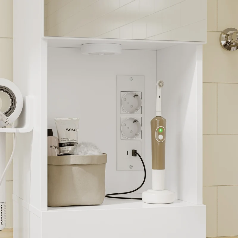 SoBuy BZR240-E-W Colonne de Salle de Bain Étroite avec Miroir et Éclairage – Prise Intégrée et Port USB-A, 2 Tiroirs – 30×30×180,5 cm, Blanc