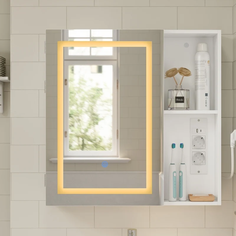 SoBuy BZR239-E-W Armoire Miroir de Salle de Bain avec LED et Prises – Meuble Mural, Étagères – 60×15,5×60 cm, Blanc