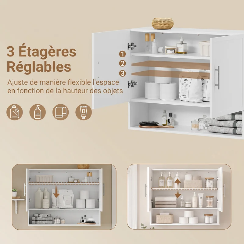 SoBuy BZR233-W Armoire Murale 2 Portes avec Étagère Réglable – Meuble Suspendu Salle de Bain – 90×70×28,5 cm, Blanc