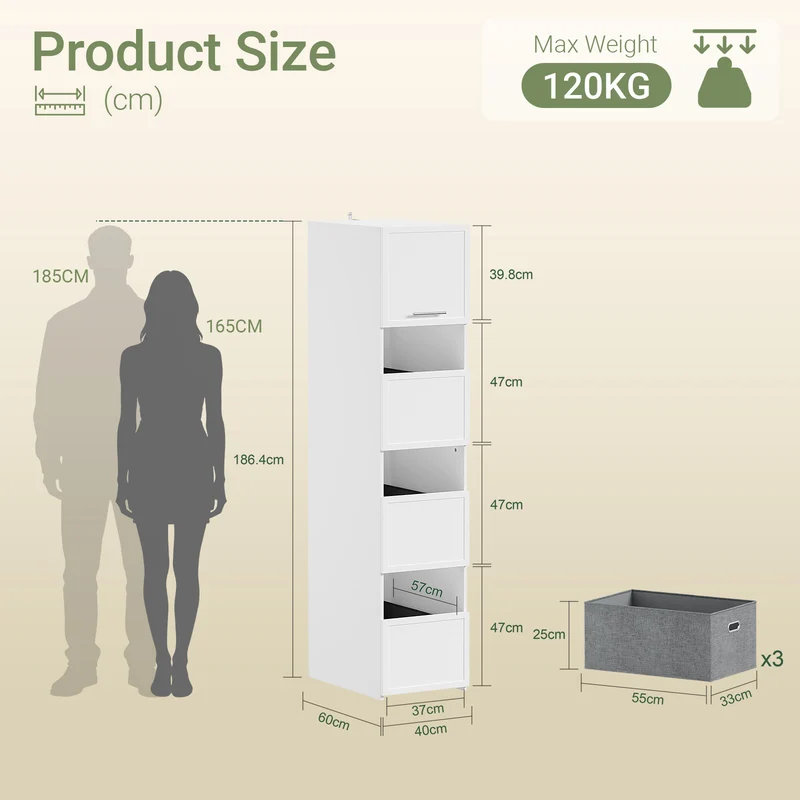 SoBuy BZR232-W Armoire de Rangement 4 Portes pour Buanderie – Compartiments Ouverts et Étagères – 60×40×186,4 cm, Blanc