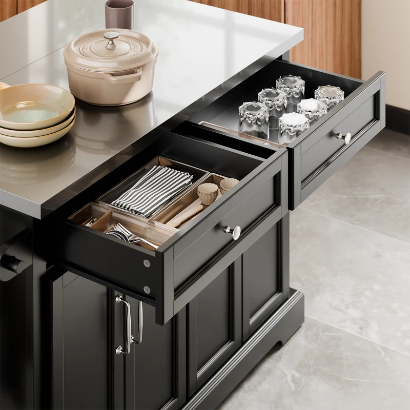 SoBuy FKW71-III-SCH Îlot de Cuisine Mobile avec Plan Inox Extensible 46–71 cm – 2 Tiroirs, Étagères Réglables, Noir