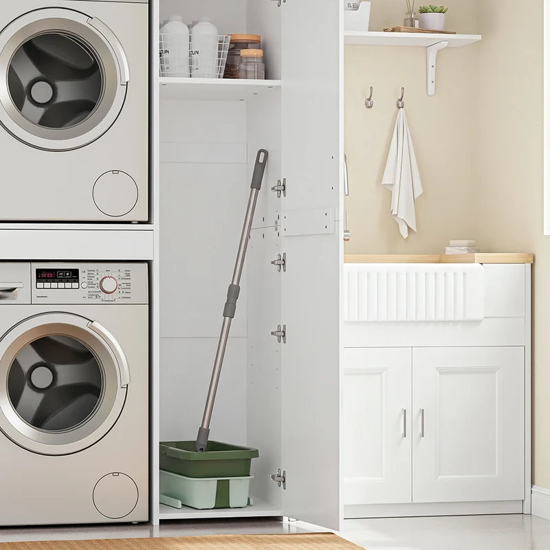 SoBuy BZR231-W Meuble Lave-Linge et Sèche-Linge avec Armoire – Tiroir, Étagères Réglables – 110×60,1×186 cm, Blanc