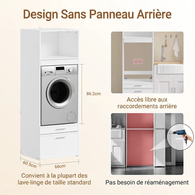SoBuy BZR230-W Colonne de Buanderie pour Lave-Linge avec 2 Tiroirs – Penderie Escamotable, MDF – 66×60,5×186 cm, Blanc