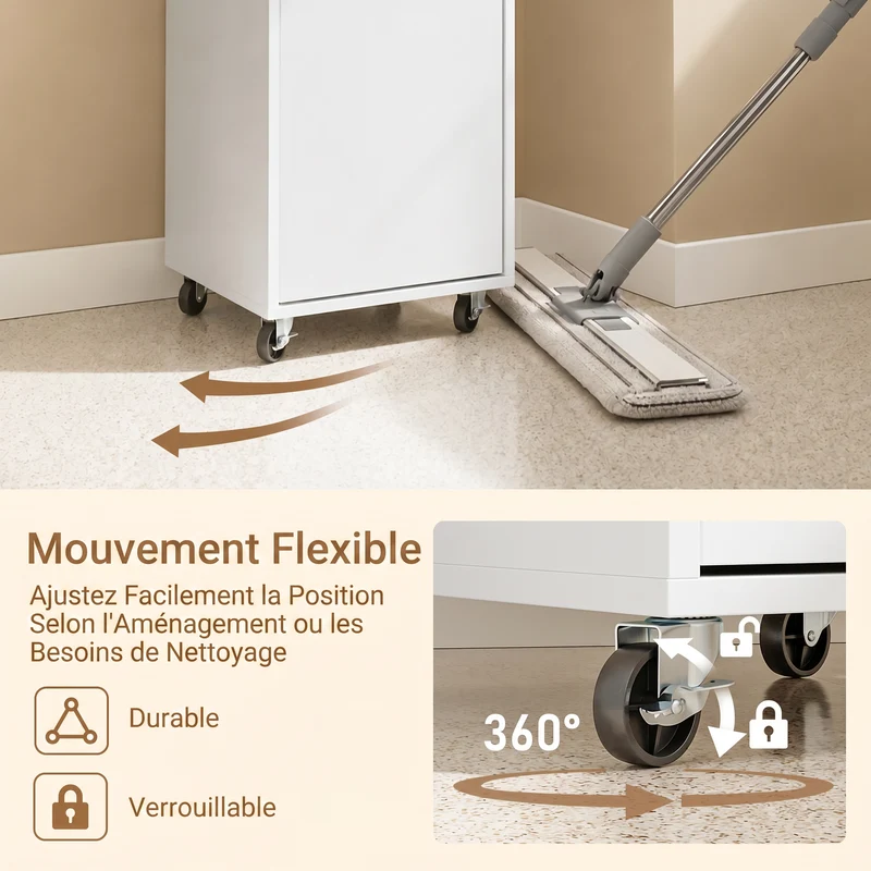 SoBuy BZR225-WN Colonne de Salle de Bain sur Roulettes avec Tiroir – Porte et Étagère, Rangement Vertical – 33×30×91 cm, Blanc