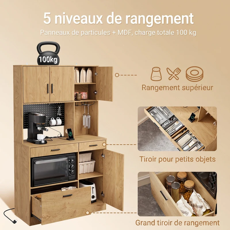 SoBuy FSB98-L-E-N Buffet de Cuisine Haut avec Prises Intégrées et LED – Plan de Travail, Multi-Rangements – 100×40×170 cm, Effet Chêne Clair