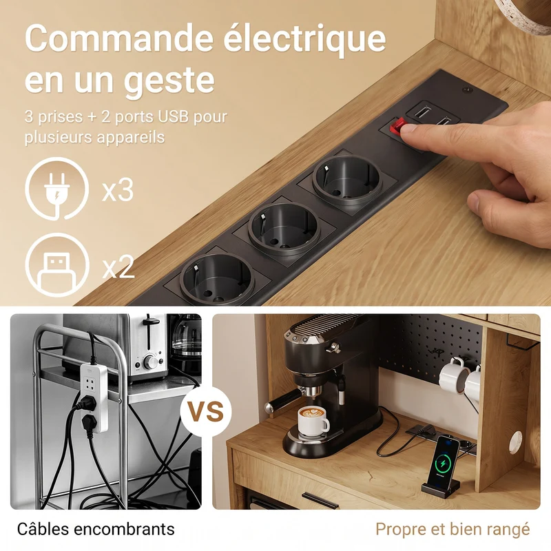 SoBuy FSB98-L-E-N Buffet de Cuisine Haut avec Prises Intégrées et LED – Plan de Travail, Multi-Rangements – 100×40×170 cm, Effet Chêne Clair
