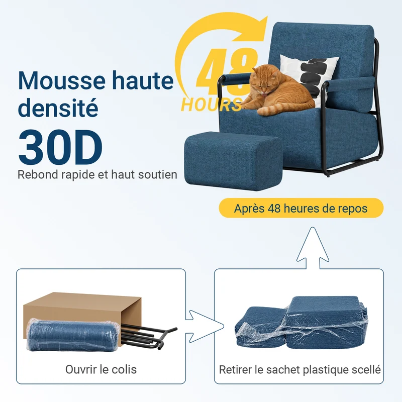 SoBuy FST99-B Fauteuil de Salon en Velours avec Repose-Pieds – Design Industriel Confortable – 59,5×67×78 cm, Bleu Nuit