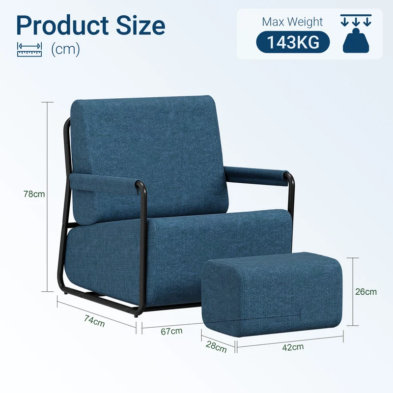 SoBuy FST99-B Fauteuil de Salon en Velours avec Repose-Pieds – Design Industriel Confortable – 59,5×67×78 cm, Bleu Nuit