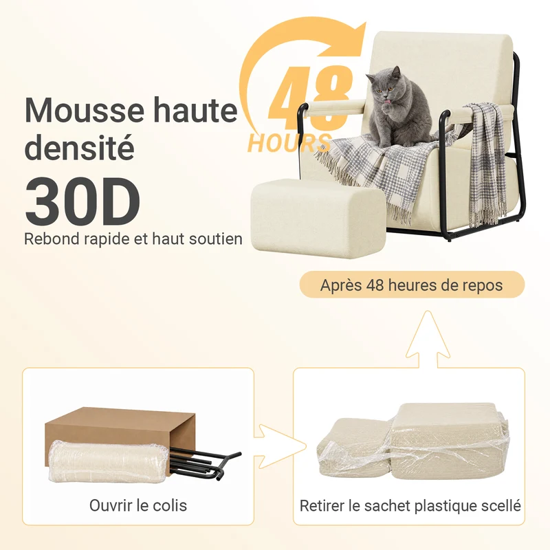 SoBuy FST99-MI Fauteuil Velours Confortable Design Industriel – Structure Métallique – 59×74×78 cm, Blanc Crème