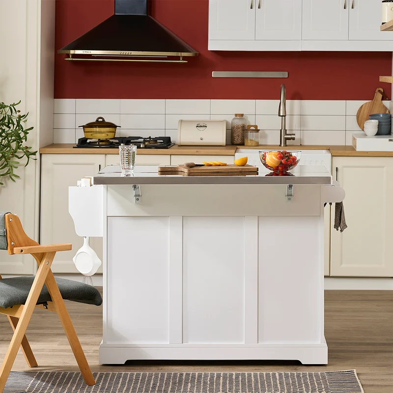 SoBuy FKW128-II-ST Chariot de Cuisine avec Tiroirs et Plan Rabattable – Îlot Pliable, Rangement – 107×71×91 cm, Blanc