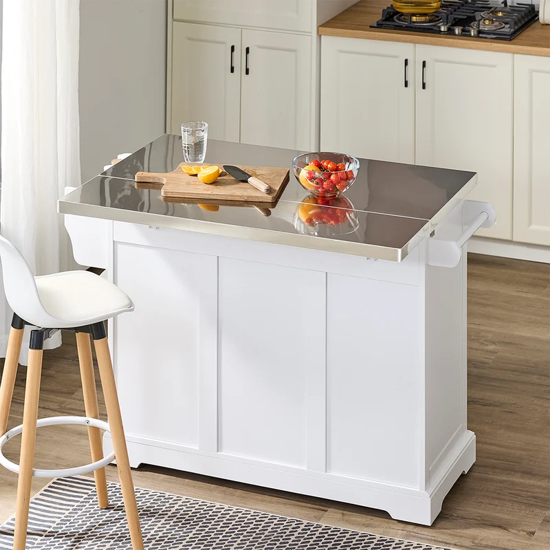 SoBuy FKW128-II-ST Chariot de Cuisine avec Tiroirs et Plan Rabattable – Îlot Pliable, Rangement – 107×71×91 cm, Blanc