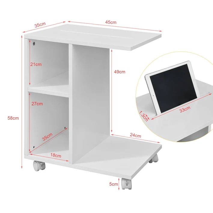 SoBuy FBT48-W Table d'appoint C-Fonctionnelle avec 2 étagères de Rangement & Support pour Tablette, Table Basse Moderne sur roulettes, Blanche