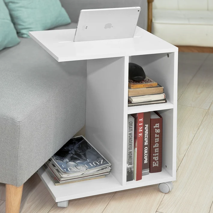 SoBuy FBT48-W Table d'appoint C-Fonctionnelle avec 2 étagères de Rangement & Support pour Tablette, Table Basse Moderne sur roulettes, Blanche