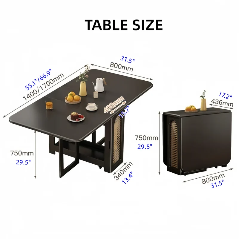 Table de salle à manger à double abattant en chêne massif avec 4 chaises - Noir