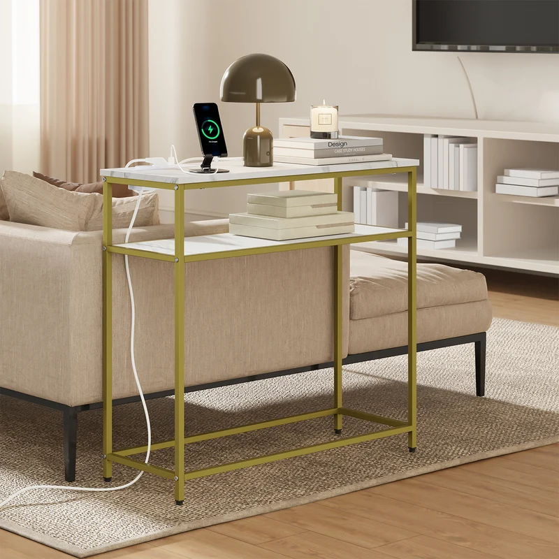 SoBuy FSB106-E-G Console d'Entrée avec Prises Intégrées – USB-A, USB-C, 2 Prises, 2 Étagères, 80 × 30 × 75 cm, Marbre Blanc et Doré