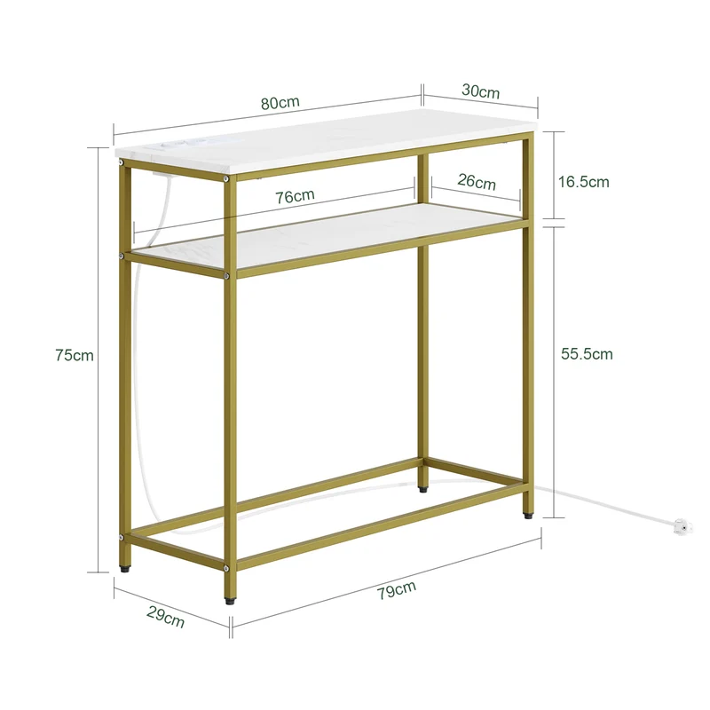 SoBuy FSB106-E-G Console d'Entrée avec Prises Intégrées – USB-A, USB-C, 2 Prises, 2 Étagères, 80 × 30 × 75 cm, Marbre Blanc et Doré