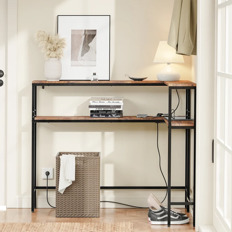 SoBuy FSB105-E-N Console Étroite 180 × 20 × 100 cm avec USB, USB-C et 2 Prises – Montage Droit ou Angle, Noir