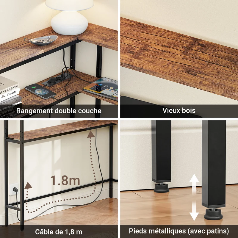 SoBuy FSB105-E-N Console Étroite 180 × 20 × 100 cm avec USB, USB-C et 2 Prises – Montage Droit ou Angle, Noir