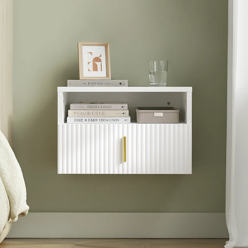 SoBuy FBT176-E-W Table de Chevet Suspendue avec LED – Tiroir Réversible, Façade Ondulée, Poignée Dorée, Blanc, 40×26×30 cm