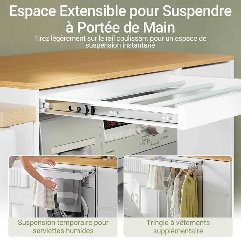 SoBuy BZR223-WN Meuble au-dessus du Lave-Linge 100×60×95 cm – Étendoir Coulissant, Panier à Linge, Sans Panneau Arrière, Blanc et Naturel