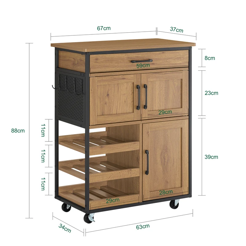 SoBuy FKW134-N Desserte de cuisine à roulettes 67 cm avec tiroir, casier à vin et crochets – Style industriel bois et métal