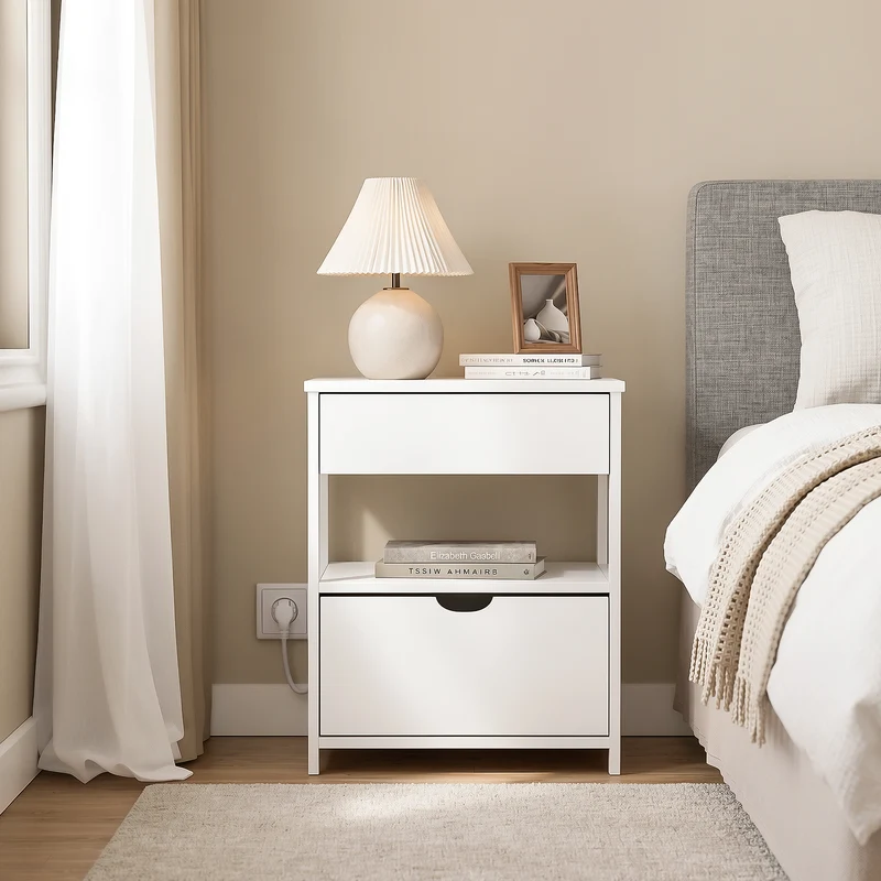 sebuyfr.comG258-II-E-W Table de Chevet avec Station de Charge 4-en-1, 2 Tiroirs et Étagère – Blanc, 45×38×55,5 cm