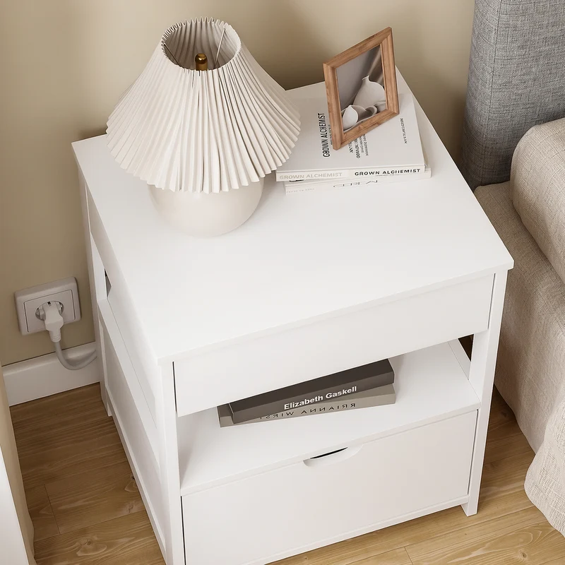 sebuyfr.comG258-II-E-W Table de Chevet avec Station de Charge 4-en-1, 2 Tiroirs et Étagère – Blanc, 45×38×55,5 cm