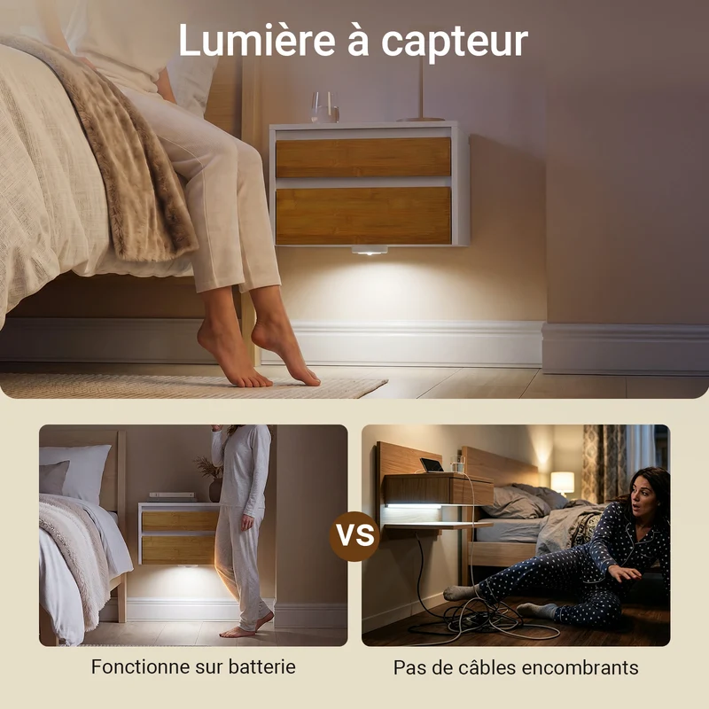 SoBuy FBT175-E-WN Table de Chevet Murale avec LED à Détection de Mouvement, 2 Tiroirs Push – Blanc/Naturel, 40×29,8×25,6 cm
