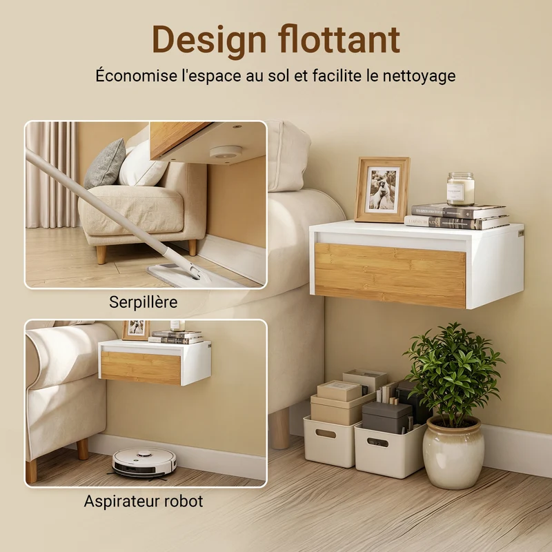SoBuy FBT174-E-WN Table de Chevet Murale avec Lampe LED à Détection de Mouvement, 2 Tiroirs – Flottante, Blanc Naturel, 40×29,8×15,6 cm