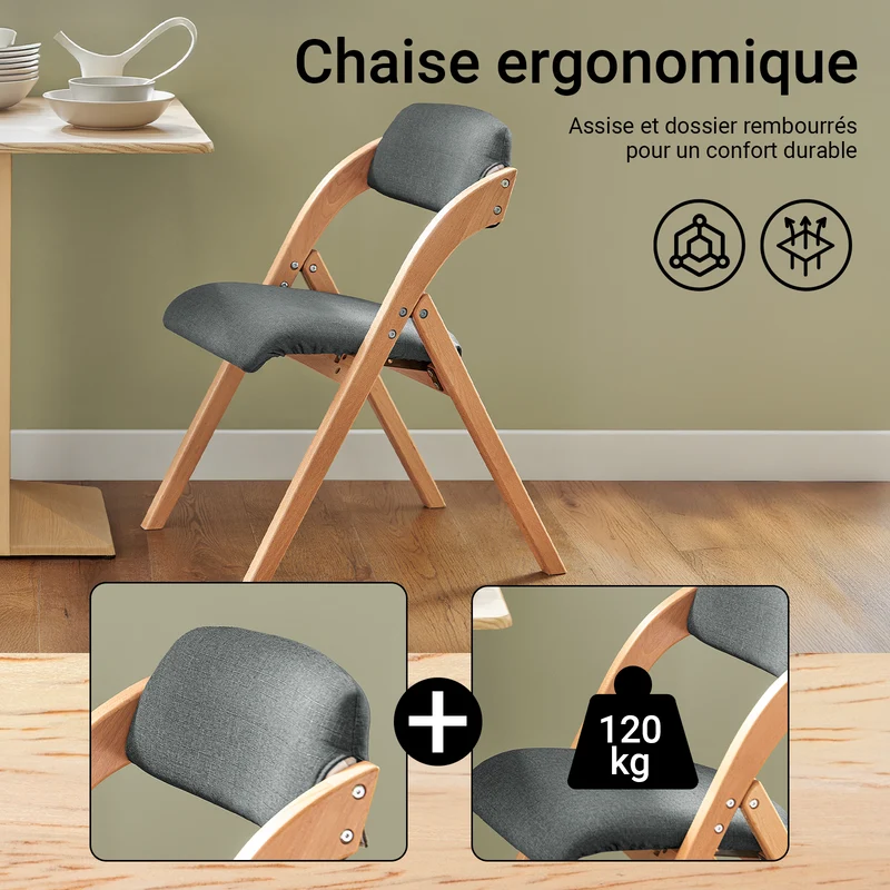 SoBuy FST92-SGx2 Lot de 2 Chaises Pliantes Rembourrées en Bois – Gris Foncé