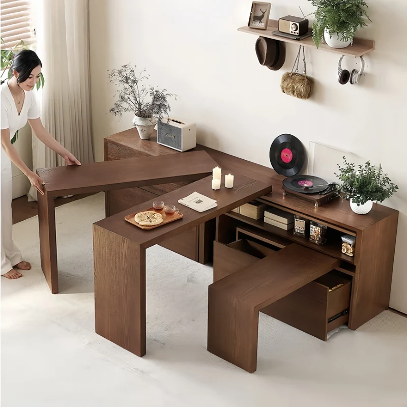 Tables et bancs pivotants à 90° en frêne massif avec grand meuble de rangement