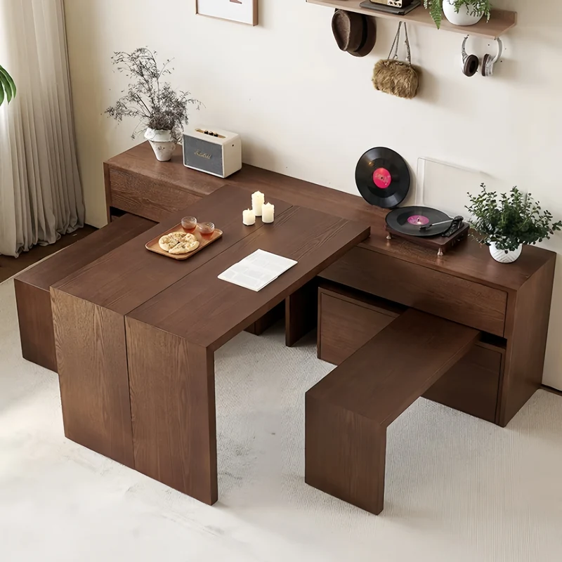 Tables et bancs pivotants à 90° en frêne massif avec grand meuble de rangement