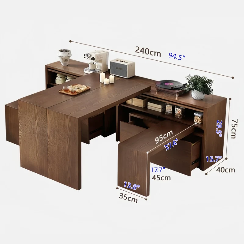 Tables et bancs pivotants à 90° en frêne massif avec grand meuble de rangement