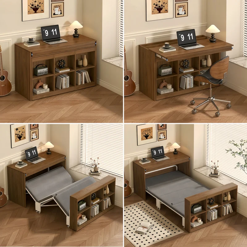 Lit escamotable en bois massif avec table extensible