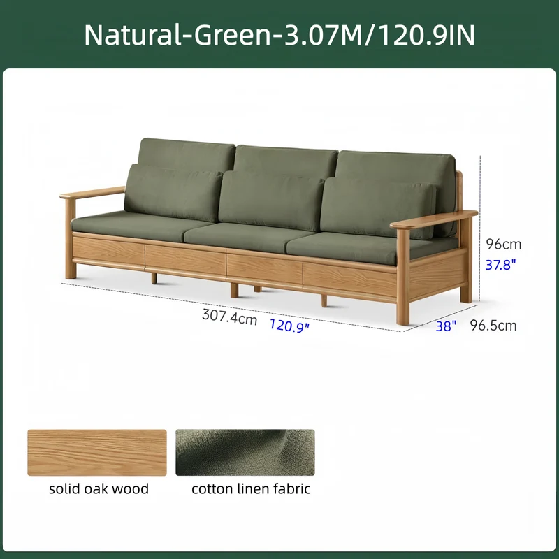 Canapé en chêne massif avec larges accoudoirs, tiroirs de rangement et housses amovibles.