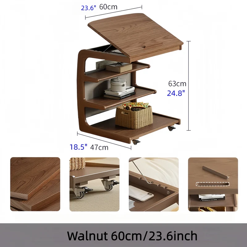 Table d'appoint roulante en bois massif avec étagère de rangement et plateau inclinable