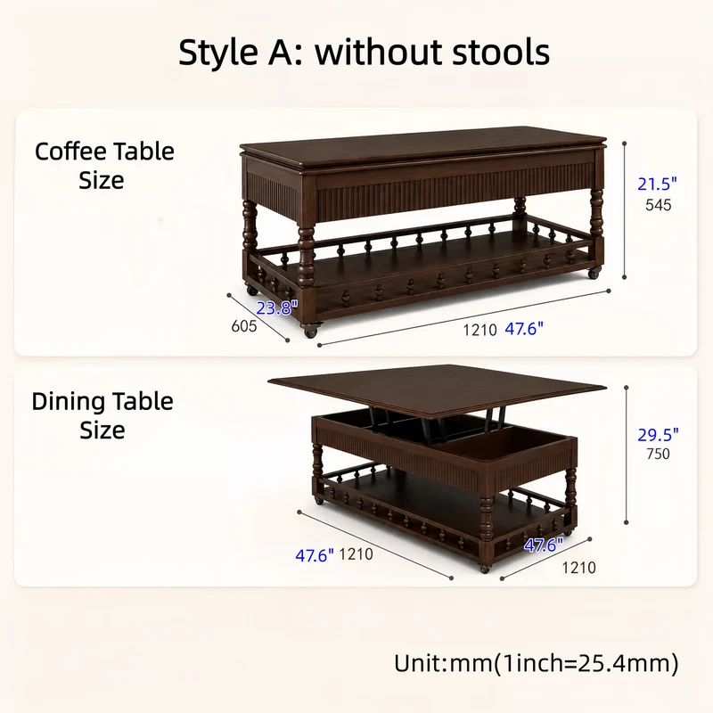 Table basse relevable 3 en 1 en bois massif style rétro nordique avec roulettes universelles