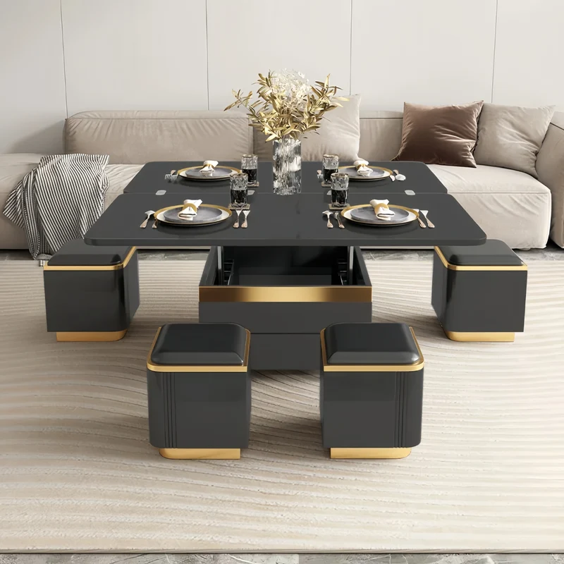 Table basse multifonctionnelle 3 en 1, style luxueux et léger, finition laquée, avec roulettes universelles