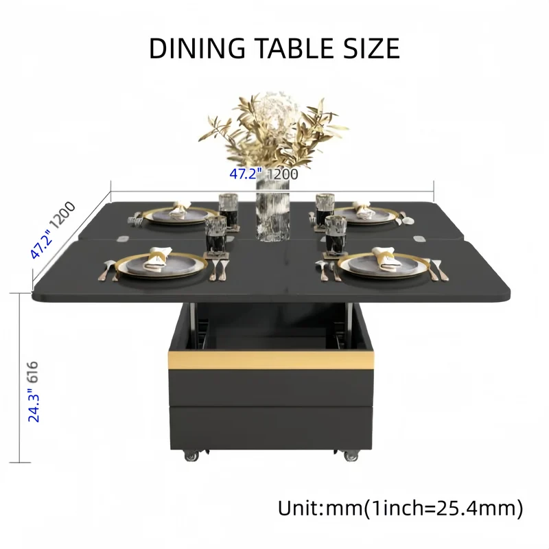 Table basse multifonctionnelle 3 en 1, style luxueux et léger, finition laquée, avec roulettes universelles