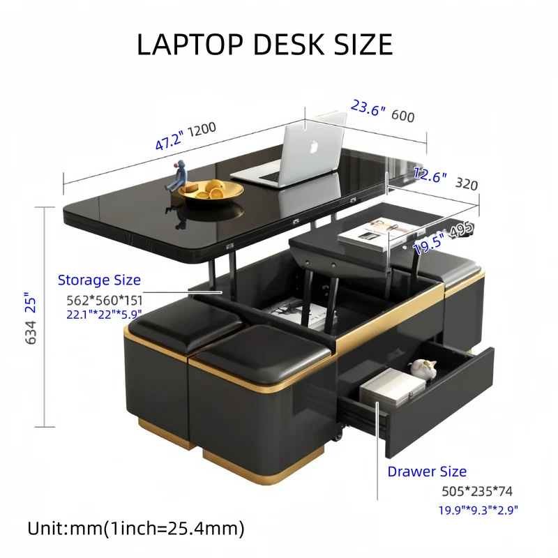 Table basse multifonctionnelle 3 en 1, style luxueux et léger, finition laquée, avec roulettes universelles