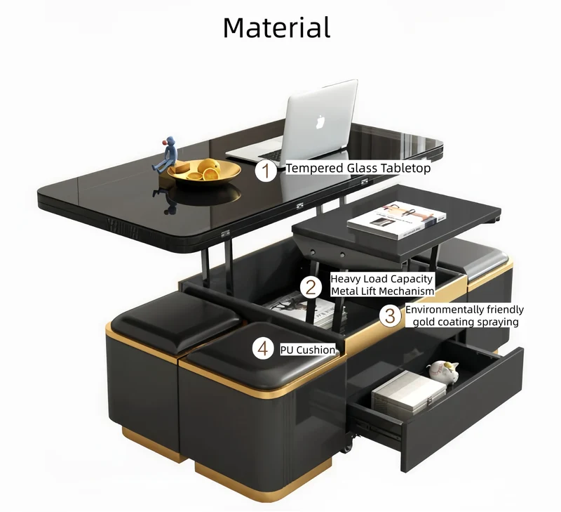 Table basse multifonctionnelle 3 en 1, style luxueux et léger, finition laquée, avec roulettes universelles