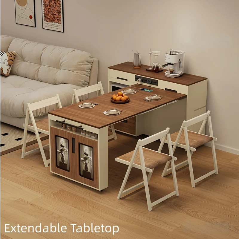 Îlot de cuisine extensible avec plan de travail coulissant et placard de rangement dissimulé
