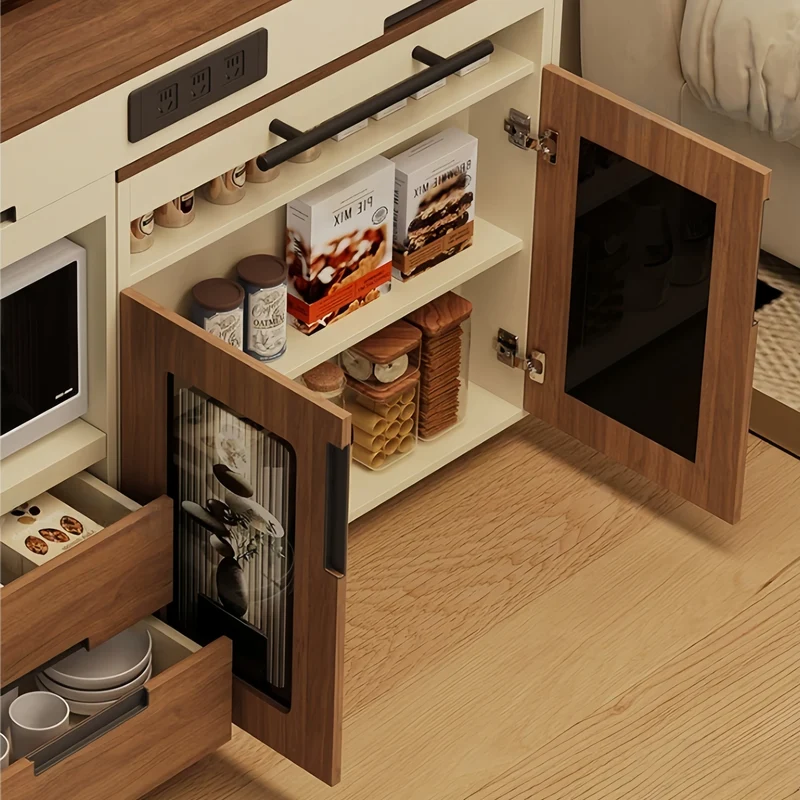Îlot de cuisine extensible avec plan de travail coulissant et placard de rangement dissimulé